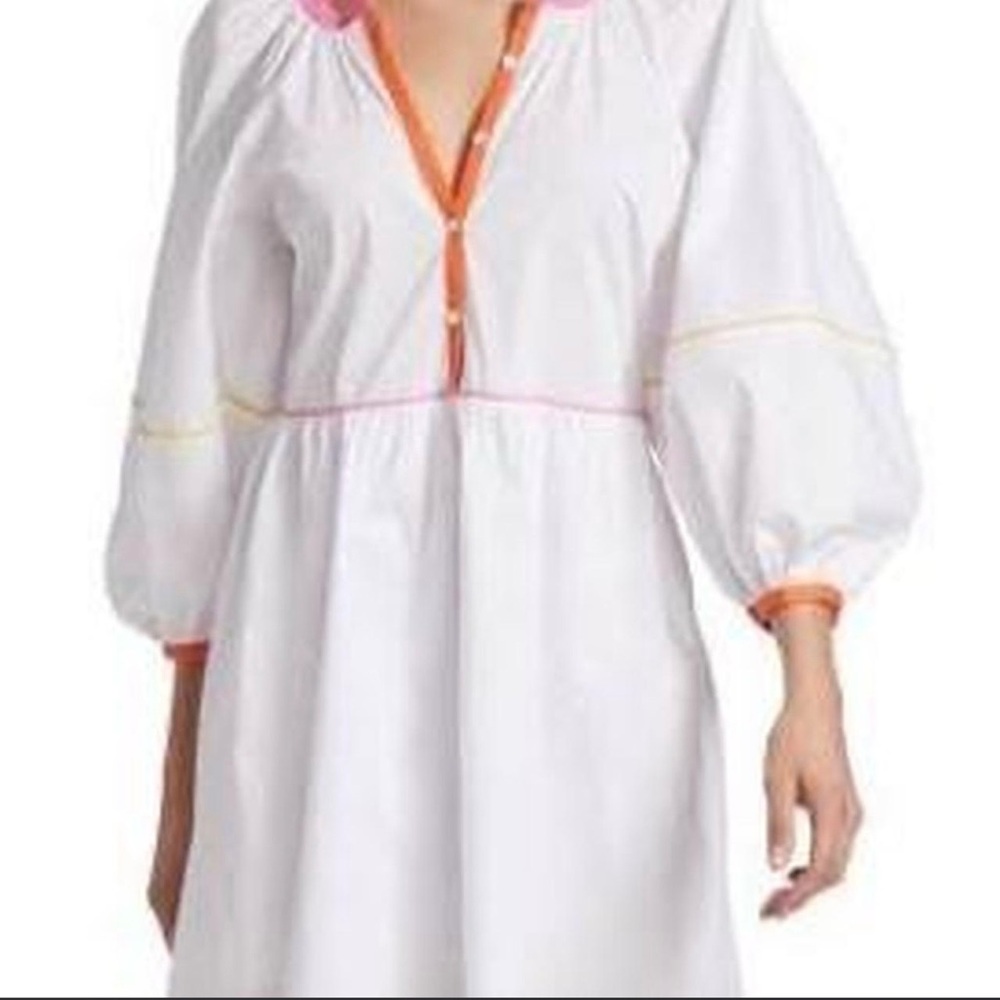 NWT STAUD White Mini Dress Pink Orange Trim Long Puff Sleeves Size Large